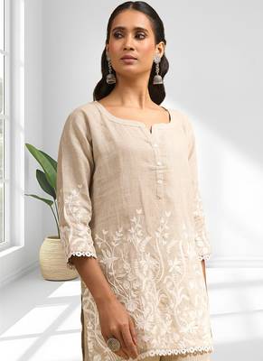 Women's linen beige embroidered short kurta with pant 3