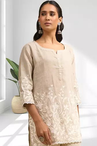Women's linen beige embroidered short kurta with pant