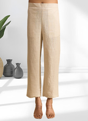 Women's linen beige embroidered short kurta with pant 4