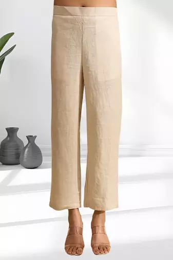 Women's linen beige embroidered short kurta with pant