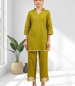 Women's cotton, linen green embroidered short kurta with pant