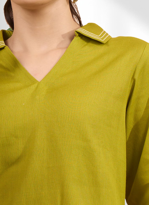 Women's cotton, linen green embroidered short kurta with pant 4