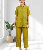 Women's cotton, linen green embroidered short kurta with pant