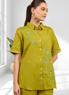 Women's cotton, linen green embroidered short kurta with pant 2