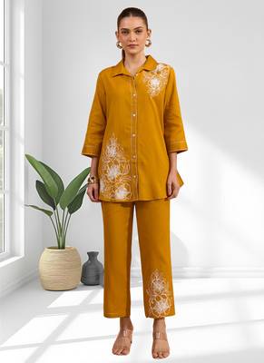 Women's cotton, linen mustard embroidered short kurta with pant 1