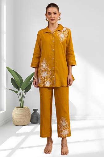 Women's cotton, linen mustard embroidered short kurta with pant