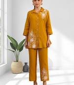 Women's cotton, linen mustard embroidered short kurta with pant