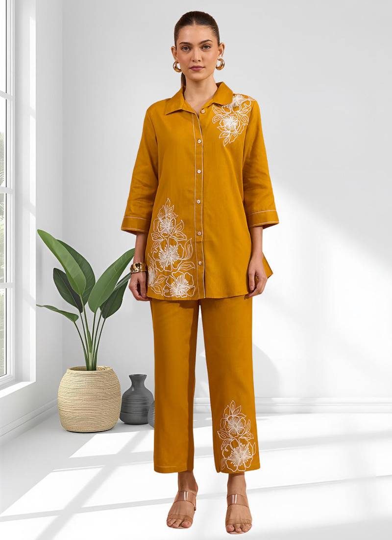 Women's cotton, linen mustard embroidered short kurta with pant