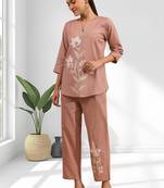 Women's cotton, linen pink embroidered short kurta with pant