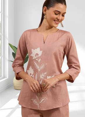 Women's cotton, linen pink embroidered short kurta with pant 2