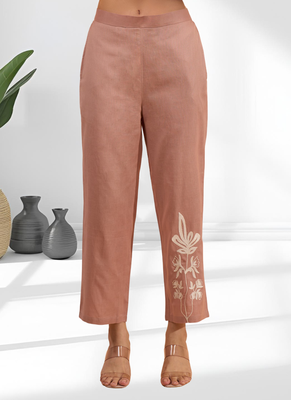 Women's cotton, linen pink embroidered short kurta with pant 4