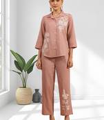Women's cotton, linen pink embroidered short kurta with pant