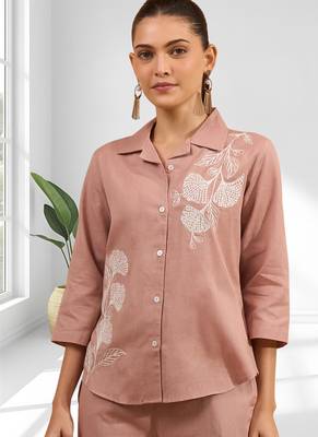 Women's cotton, linen pink embroidered short kurta with pant 2