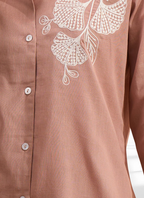 Women's cotton, linen pink embroidered short kurta with pant 3