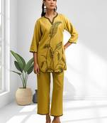 Women's cotton, linen yellow embroidered short kurta with pant