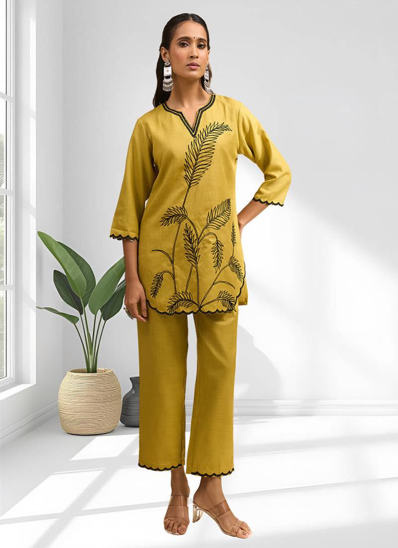 Women's cotton, linen yellow embroidered short kurta with pant