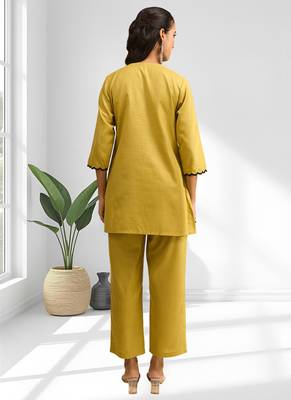 Women's cotton, linen yellow embroidered short kurta with pant 2