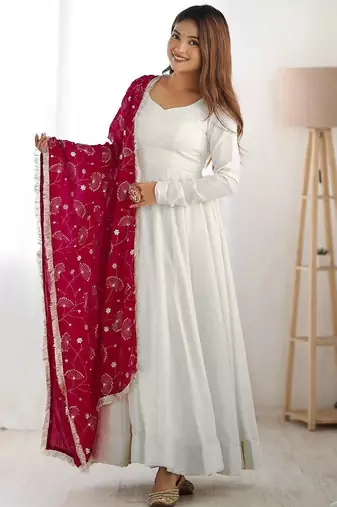 White solid georgette free size stitched anarkali dress for women | elegant party & casual wear