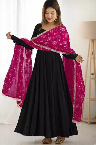 Black solid georgette free size stitched anarkali dress for women | party & festive wear