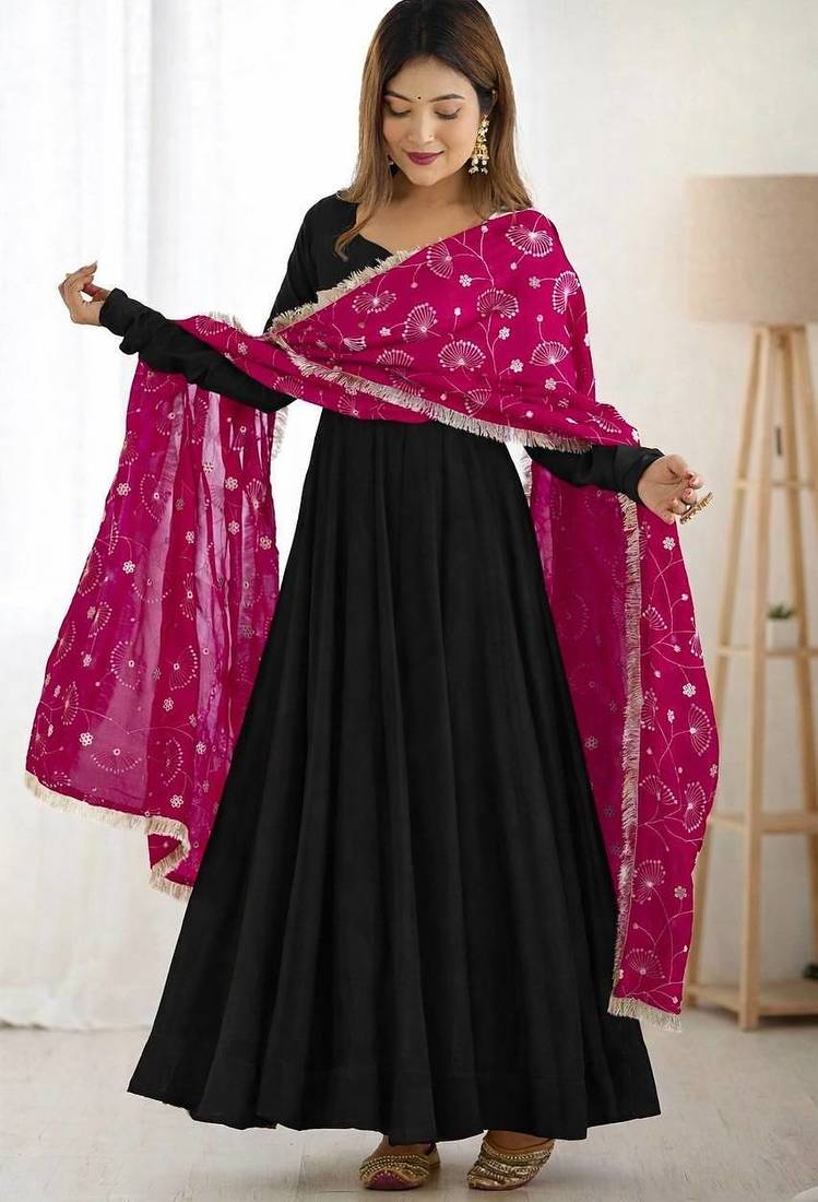 Black solid georgette free size stitched anarkali dress for women | party & festive wear