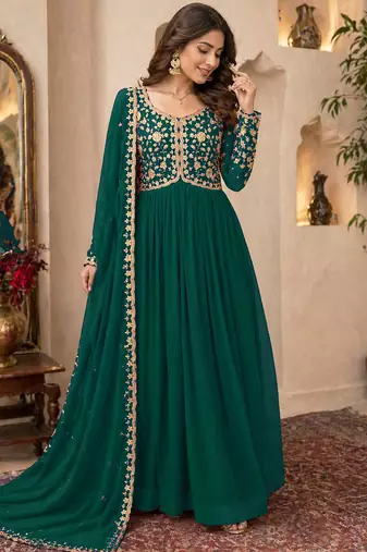 Bottle green embroidered georgette free size stitched gown for women | party & festive wear