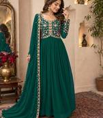 Bottle green embroidered georgette free size stitched gown for women | party & festive wear