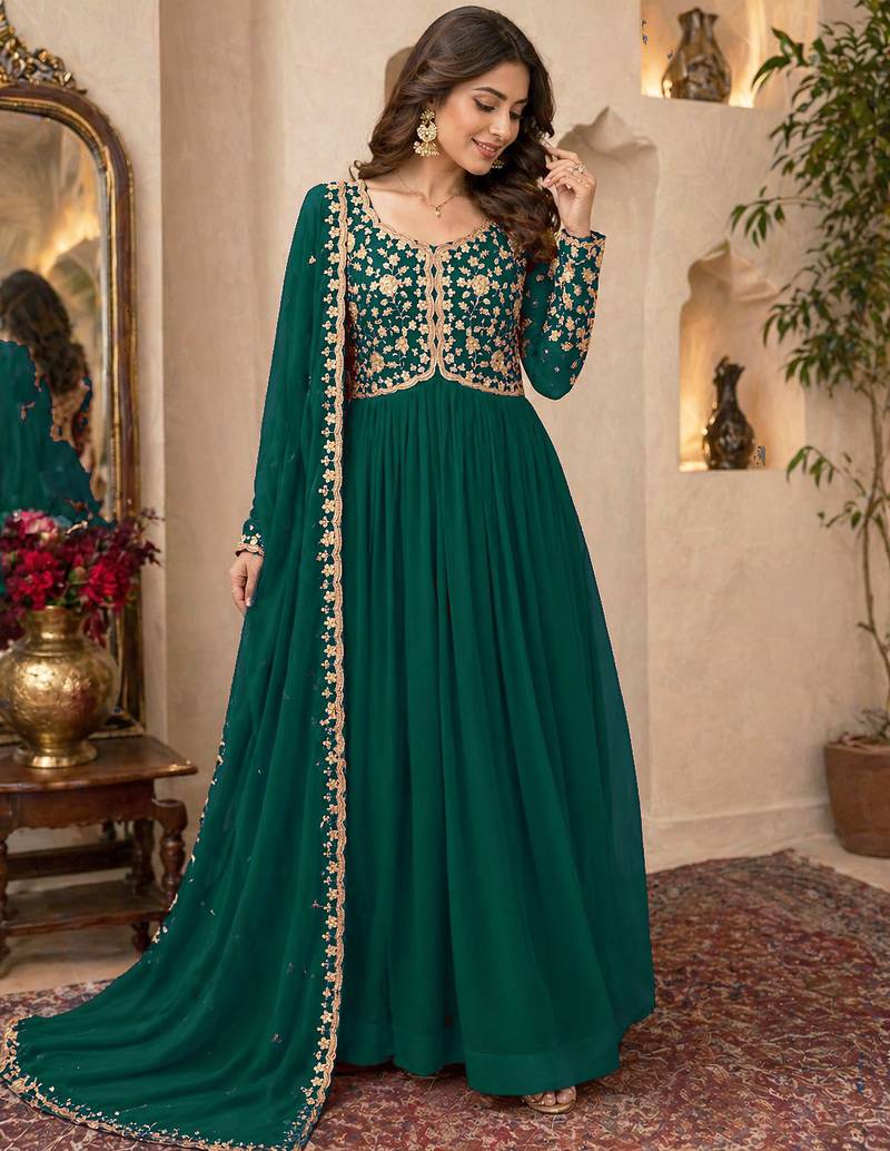 Bottle green embroidered georgette free size stitched gown for women | party & festive wear