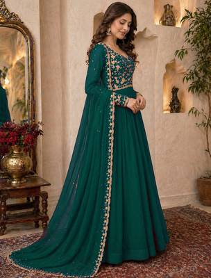 Bottle green embroidered georgette gown 2