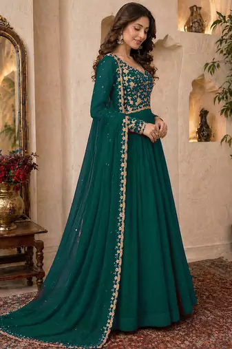 Bottle green embroidered georgette free size stitched gown for women | party & festive wear