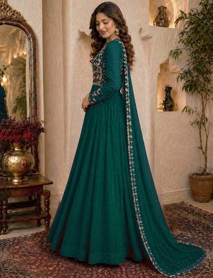 Bottle green embroidered georgette gown 3