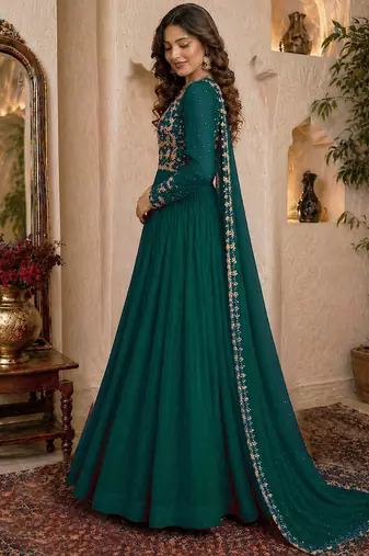 Bottle green embroidered georgette free size stitched gown for women | party & festive wear