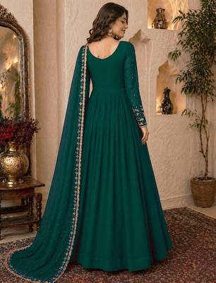 Bottle green embroidered georgette gown 4