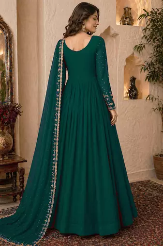 Bottle green embroidered georgette free size stitched gown for women | party & festive wear