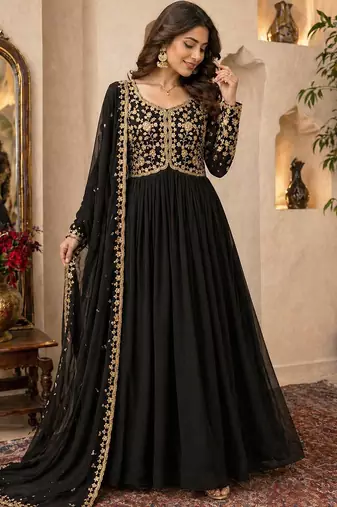 Black embroidered georgette free size stitched gown for women | party & festive wear