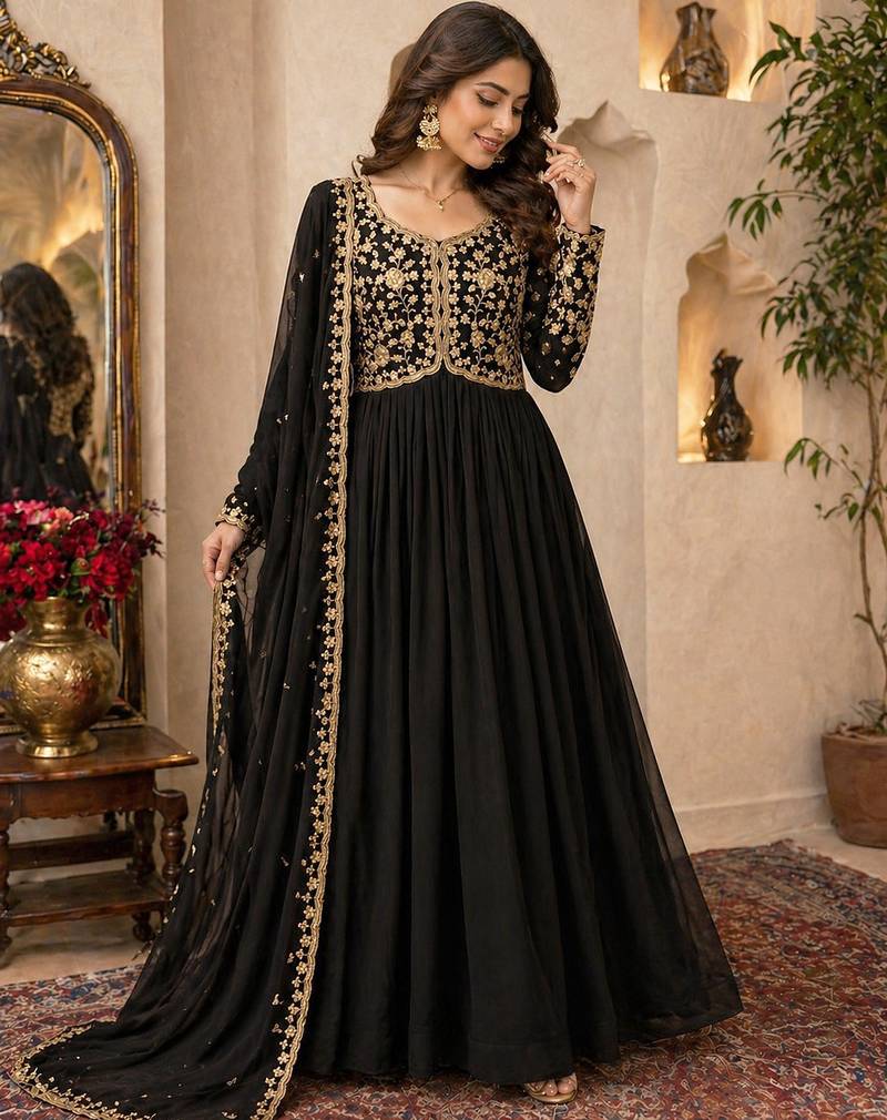 Black embroidered georgette free size stitched gown for women | party & festive wear