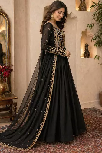 Black embroidered georgette free size stitched gown for women | party & festive wear
