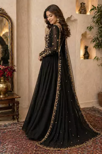 Black embroidered georgette free size stitched gown for women | party & festive wear