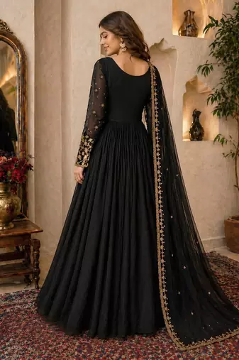 Black embroidered georgette free size stitched gown for women | party & festive wear