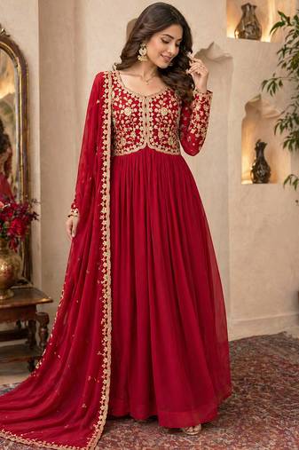 Red embroidered georgette gown