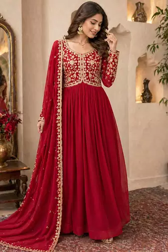 Red embroidered georgette free size stitched gown for women | party & festive wear