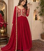 Red embroidered georgette free size stitched gown for women | party & festive wear