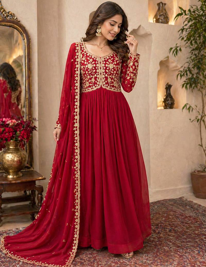 Red embroidered georgette free size stitched gown for women | party & festive wear