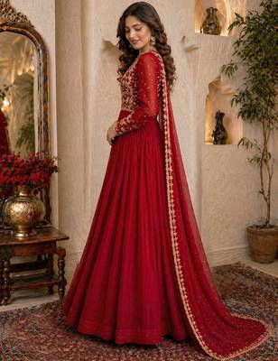 Red embroidered georgette gown 2