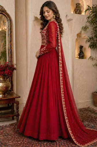 Red embroidered georgette free size stitched gown for women | party & festive wear