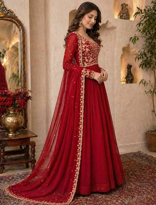 Red embroidered georgette gown 3