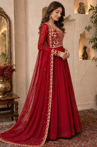 Red embroidered georgette free size stitched gown for women | party & festive wear