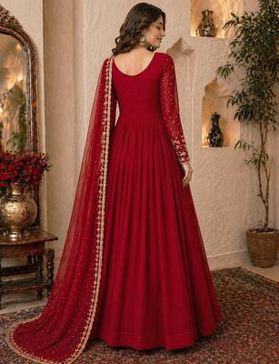 Red embroidered georgette gown 5