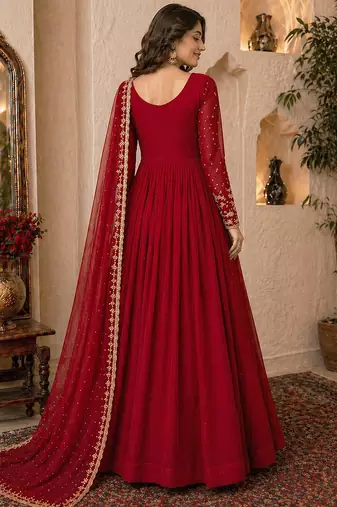 Red embroidered georgette free size stitched gown for women | party & festive wear