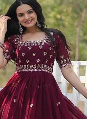 Wine floral embroidered georgette gown for women 2