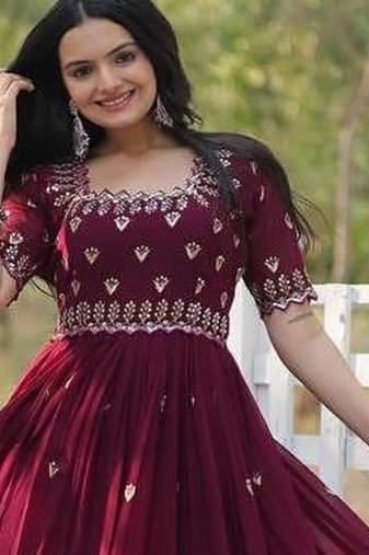 Wine floral embroidered georgette gown for women | elegant party & festive wear